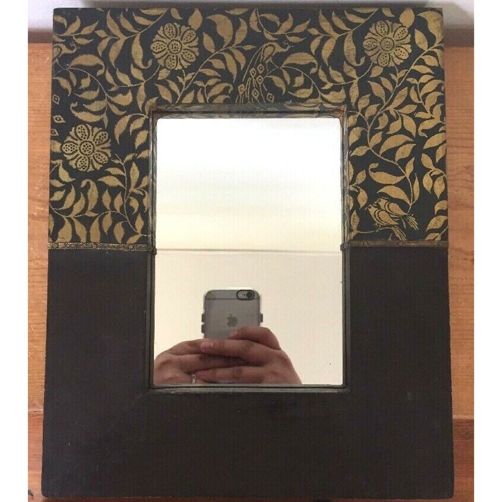 Vtg Asian Indian Style Framed Table Top Mirror Wooden Framed Floral Foil Accents